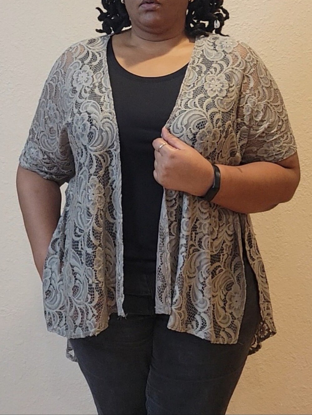 Plus Size Taupe Floral Lace Kimono Duster Cardigan Boho 3X